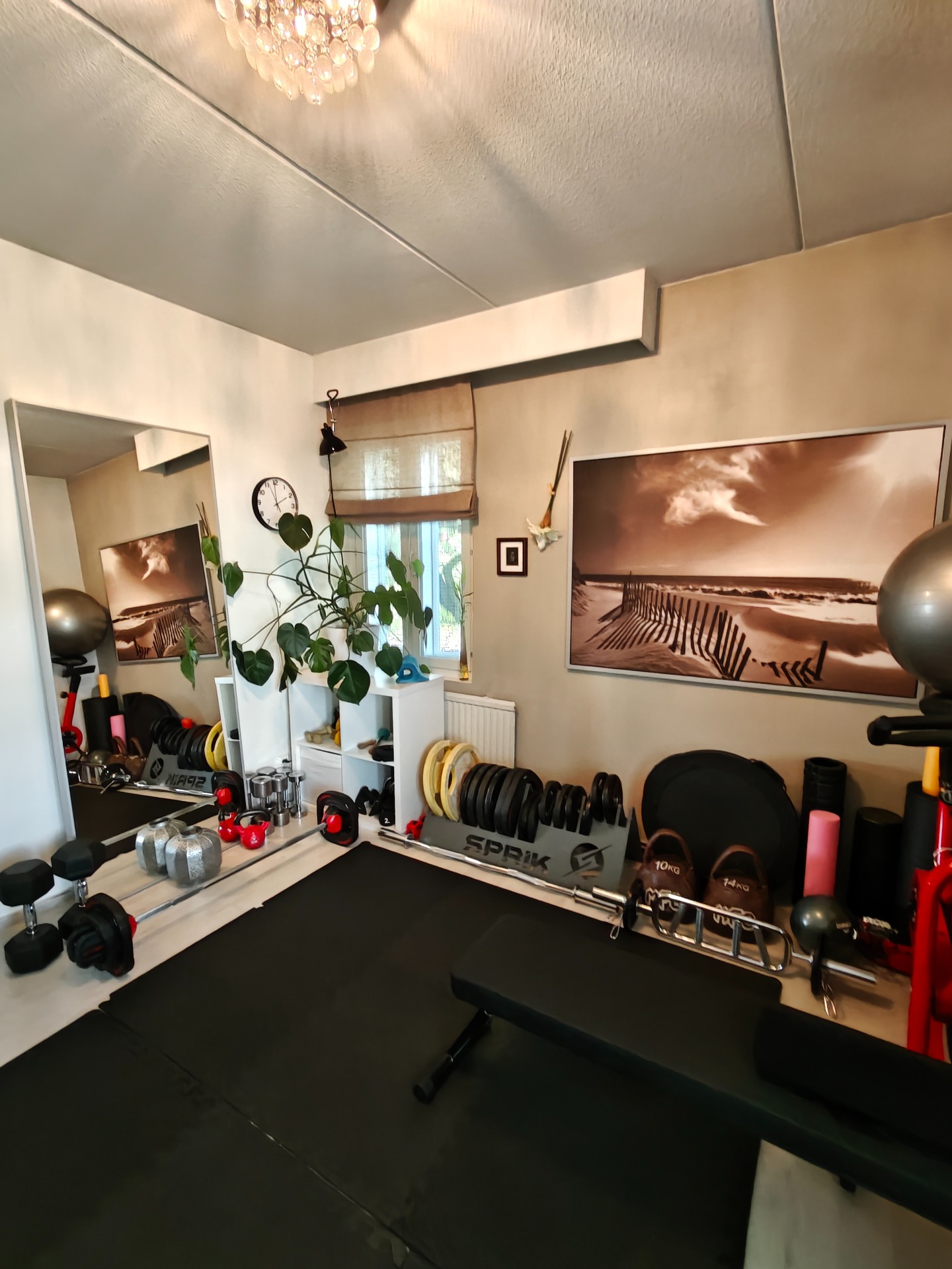 Personal trainer Tiina Huuskosen kotikuntosali Turussa - vapaat painot, levytanko ja kuntosalipenkki